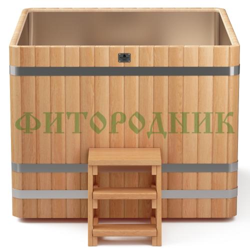 квадратная купель «premium» из лиственницы с вставкой из нержавеющей стали длина 1500 мм ширина 1500 мм высота 1150 мм