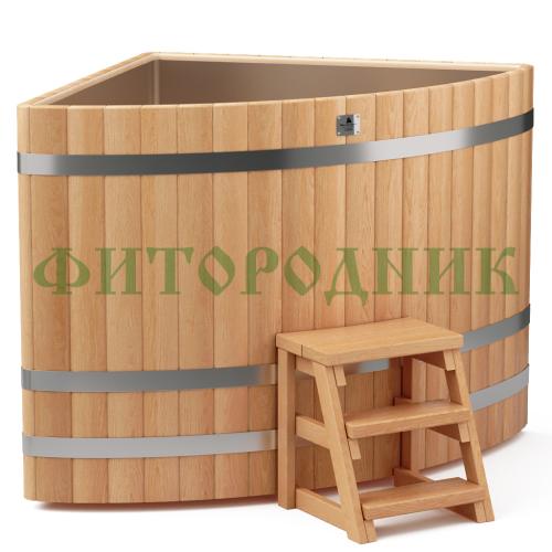 угловая купель «premium» из лиственницы с вставкой из нержавеющей стали длина 1300 мм ширина 1300 мм высота 1150 мм