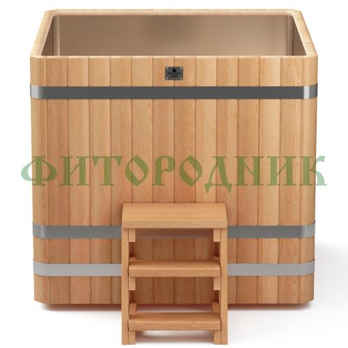 квадратная купель «premium» из лиственницы с вставкой из нержавеющей стали длина 1300 мм ширина 1300 мм высота 1150 мм