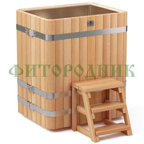 прямоугольная купель «premium» из лиственницы с вставкой из нержавеющей стали длина 1000 мм ширина 780 мм высота 1150 мм
