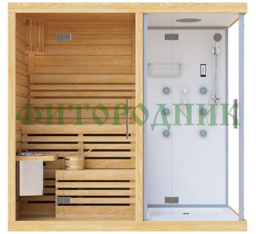 одноместная финская сауна «premium» с душевой кабиной с электрической печью harvia