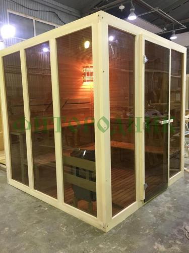 финская сауна трехместная «glassy» с электрической печью harvia