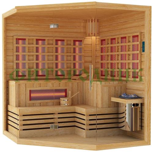 комбинированная сауна четырехместная угловая «premium» с электрической печью harvia