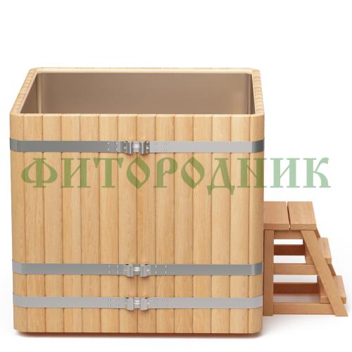 квадратная купель «premium» из лиственницы с вставкой из нержавеющей стали длина 1300 мм ширина 1300 мм высота 1150 мм