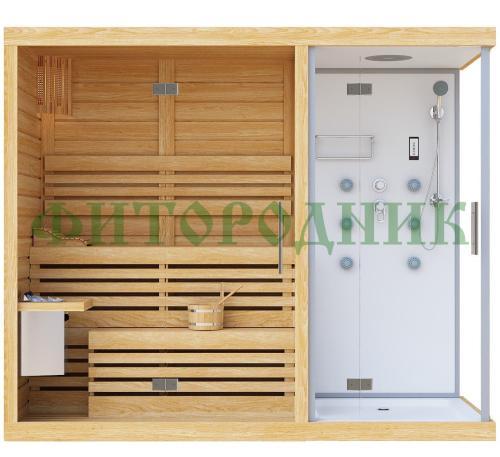 двухместная финская сауна «premium» с душевой кабиной с электрической печью harvia