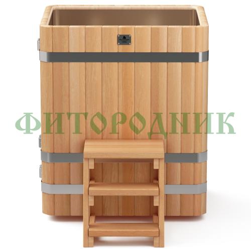 прямоугольная купель «premium» из лиственницы с вставкой из нержавеющей стали длина 1000 мм ширина 780 мм высота 1150 мм