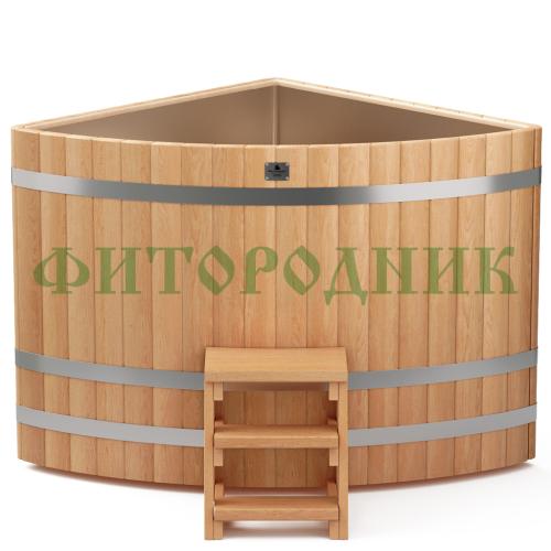угловая купель «premium» из лиственницы с вставкой из нержавеющей стали длина 1300 мм ширина 1300 мм высота 1150 мм