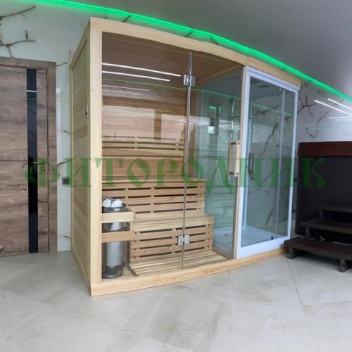 трехместная финская сауна «premium» с душевой кабиной с электрической печью harvia