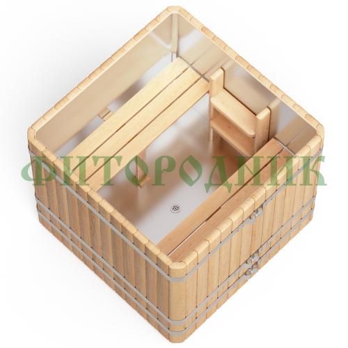 квадратная купель «premium» из лиственницы с вставкой из нержавеющей стали длина 1300 мм ширина 1300 мм высота 1150 мм