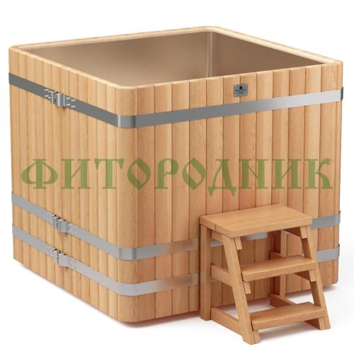 квадратная купель «premium» из лиственницы с вставкой из нержавеющей стали длина 1300 мм ширина 1300 мм высота 1150 мм
