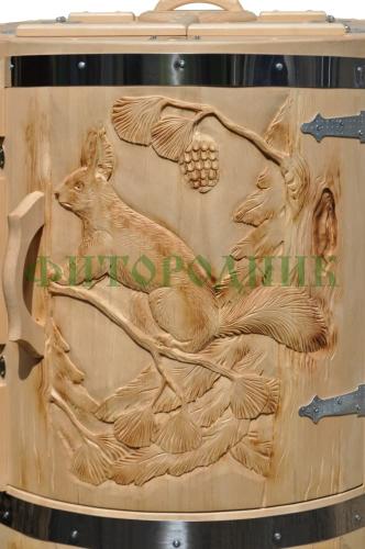 кедровая бочка овальная «профессиональная» со скосом с художественным оформлением «медведь и белка»