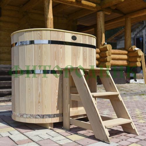 овальная купель «premium» из лиственницы с вставкой из нержавеющей стали длина 1400 мм