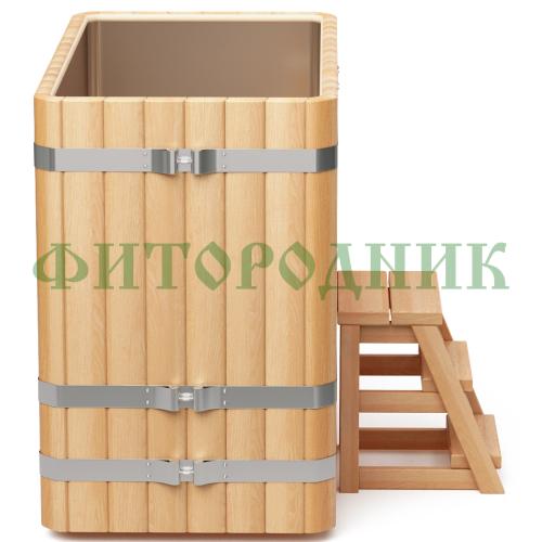 прямоугольная купель «premium» из лиственницы с вставкой из нержавеющей стали длина 1400 мм ширина 780 мм высота 1150 мм