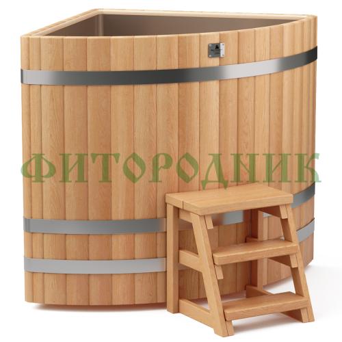 угловая купель «premium» из лиственницы с вставкой из нержавеющей стали длина 1100 мм ширина 1100 мм высота 1150 мм