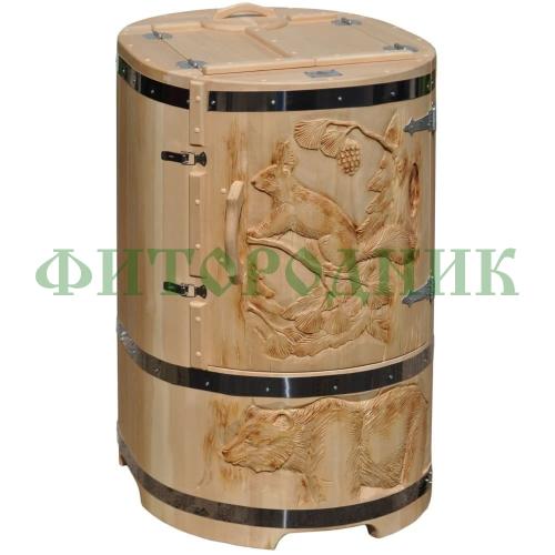 кедровая бочка овальная «профессиональная» со скосом с художественным оформлением «медведь и белка»