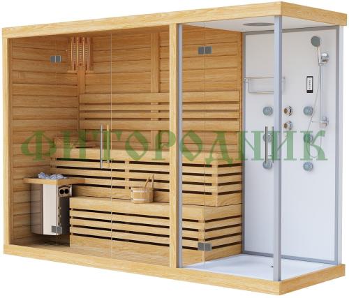 трехместная финская сауна «premium» с душевой кабиной с электрической печью harvia