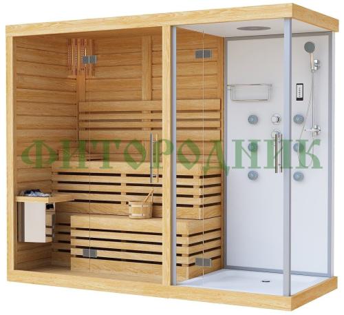двухместная финская сауна «premium» с душевой кабиной с электрической печью harvia